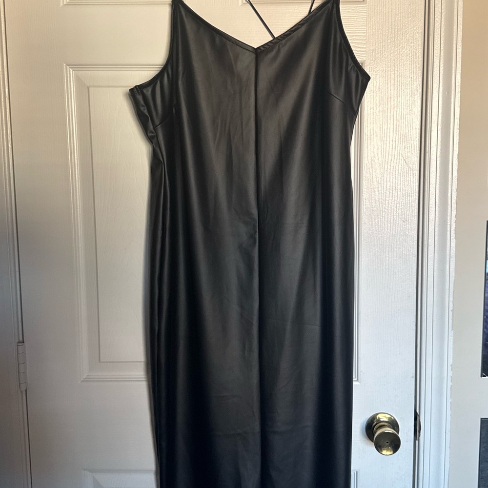 Black Faux Leather Slip Dress - Women's